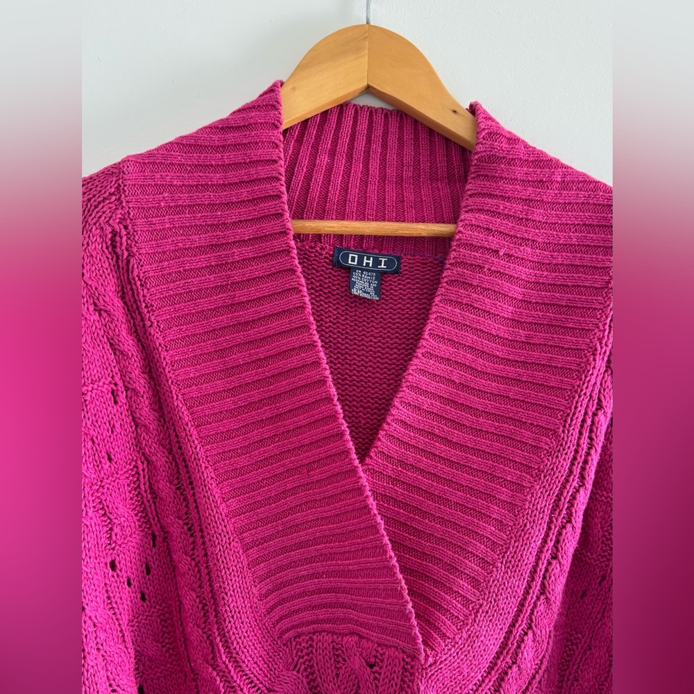OHI Vintage Y2K Cable Knit Sweater Pink Deep V Neck Fit Sleeves slouchy style M - Picture 2 of 7